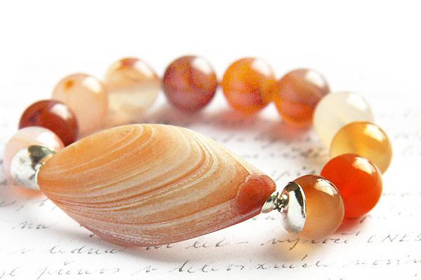 Natural Agate Bracelet Stack Statement Bracelet Sterling Silver Round Gemstone Beads Fancy Large Geometric Stone Orange Peach White on Handmade Artists' Shop