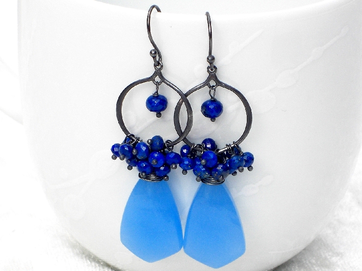 CLEARANCE Icy Blue Chalcedony Lapis Lazuli Arabesque Sterling Silver Earrings on Handmade Artists' Shop