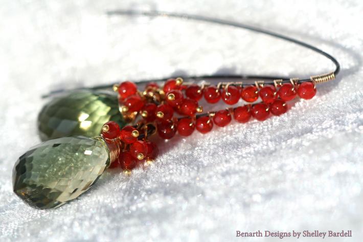 Green Amethyst and Carnelian Gold and Oxidised Elongated Sterling Silver Earrings on Handmade Artists' Shop