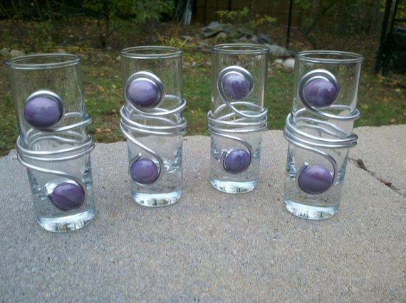 Tall Shot Glasses Wire and Purple Opague Glass Beads Set of 4 on Handmade Artists' Shop