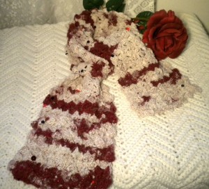 Crochet Cashmere ArtYarn Scarf.Wine & Ivory.GlassBeads