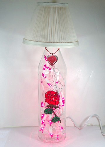Wine Bottle Light - Handpainted Single Red Rose - Lamp Shade included