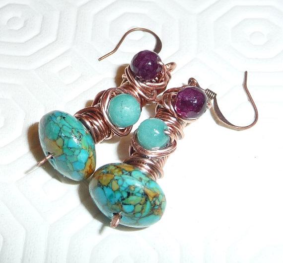 Tangled earrings Copper Silver teal Turquoise boho hippie tribe Brazilian Aquamarine Russian Purple Amethyst Tibet Turquoise on Handmade Artists' Shop