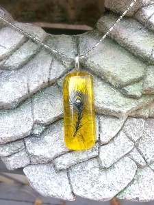 Fused Glass Pendant - Crystal Clear Yellow with a Single Peacock Feather - Fused Glass Jewelry