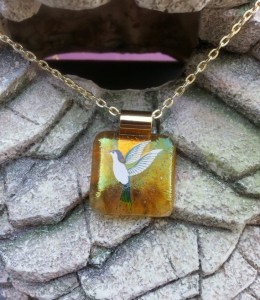 Fused Glass Pendant - Golden Hummingbird Image Pendant - Fused Glass Jewelry1