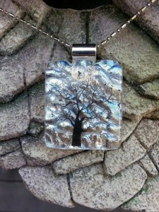 Dichroic Fused Glass Pendant - Crystal Block with Tree Embellishment2