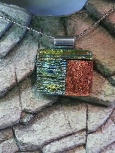 ON SALE Dichroic Glass Pendant - Geometric Art in Coppers Golds and Blues - Dichroic Fused Glass Jewelry1