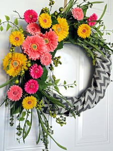 Chevron Burlap Spring Flowers Wreath