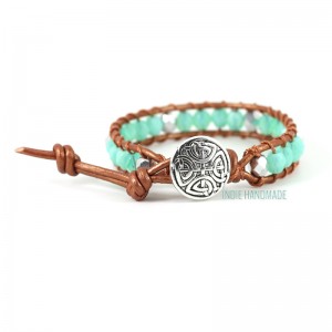 IndieHandmadeSeafoamBlueSilverBronzeLeatherWrapBracelet