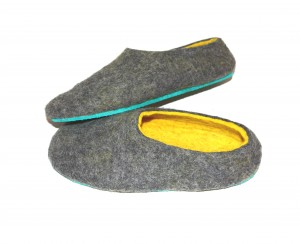 aqua green bottom felt slippers yellow grey. Women sizes. Handmade to order 11