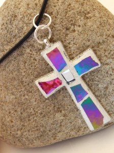 Necklace With Mosaic Cross Pendant, Antiqued Silver Base with Iridescent Glass Mosaic on Adjustable 18 to 20 Inch Leather Cord