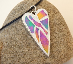 Necklace With Mosaic Heart Pendant, Antiqued Silver Base with Iridescent Glass Mosaic on Adjustable 18 to 20 Inch Leather Cord