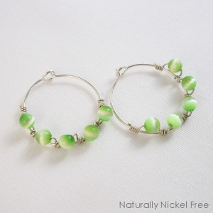 639H Bright Green Cats Eye Bead Hoop Earrings Arg SS-3