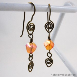 757E Amber Glass Bead Spiral Dangle Earrings-1