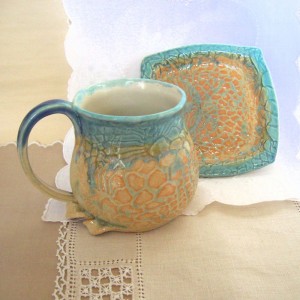 POTTERY Mug, n' saucer, turquoise,sand 002.jpeg.etsy