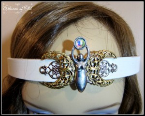 triple goddess white leather headband close up