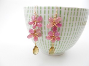 Pink sapphire earrings with whiskey quartz