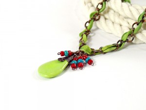 Green Ribbon Threaded Copper Chain Necklace