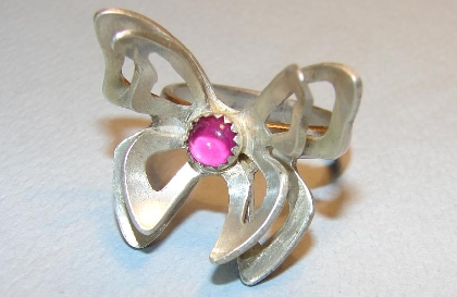 Sterling silver double wing butterfly ring with pink ruby on Handmade Artists' Shop