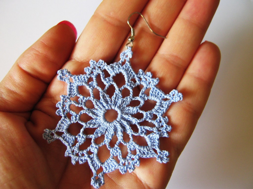 Crochet Earrings Light Blue Snowflakes by Crochet Miracles