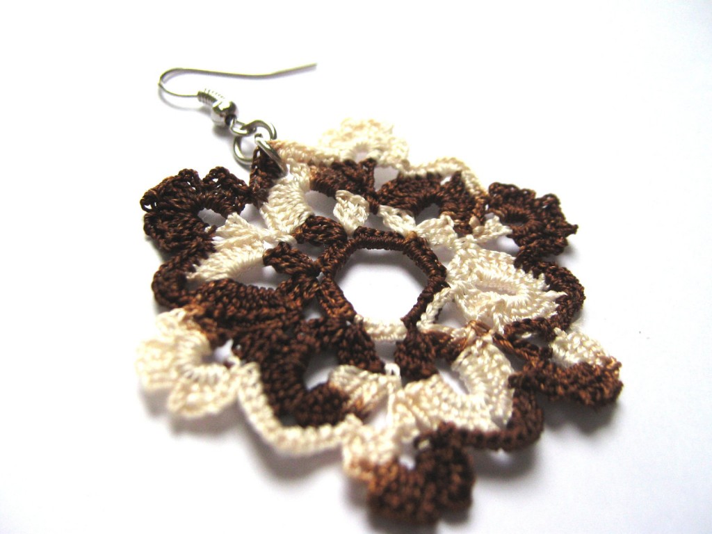 Crochet Earrings Double Colored Snowflake Brown and White by Crochet Miracles