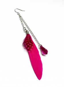 Fuschia Pink Feather with Teardrop Crystal Hook Earrings