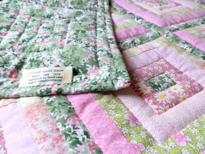 Hand Quilted Log Cabin Lap or Baby Quilt in Pinks and Greens on Handmade Artists' Shop