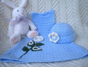 Spring Jumper Blue w Crocheted Flower .Matching Hat