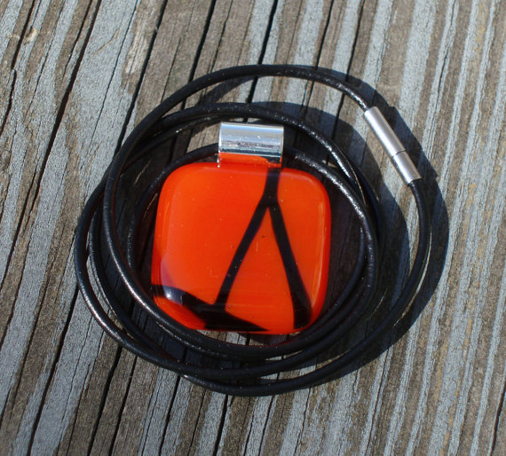 Orange with Black Streamers Fused Glass Pendant