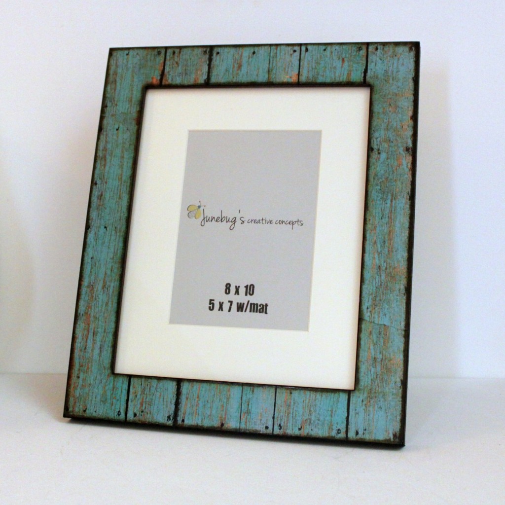 8x10 frame with 5x7 mat. This is a high quality wooden frame that I transformed using this turquoise faux distressed wood grain print paper.