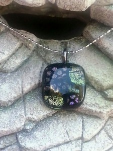 Dichroic Glass Pendant - Black with Green Purple and Gold Dichroic - Fused Glass Jewelry