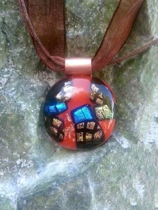 Dichroic Glass Pendant - Burnt Orange with bits of Blue Gold and Copper Dichroic- Fused Glass Jewelry2