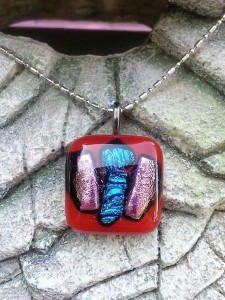 Dichroic Glass Pendant - Red with Pink and Blue Dichroic- Fused Glass Jewelry