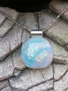 Dichroic Glass Pendant - White with Turquoise Blue Swirls around White Dichroic - Fused Glass Jewelry