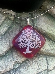 Fused Glass Pendant - Crystal Clear Red with White Tree - Diamond Shape - Fused Glass Jewelry2