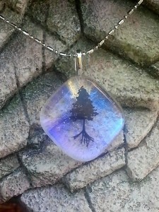 Fused Glass Pendant - Iridescent Clear Glass with Rooted Pine Tree in a Diamond Shape - Fused Glass Jewelry
