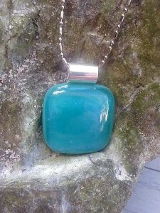 Fused Glass Pendant - Ocean Blue Iridescent - Fused Glass Jewelry3
