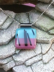 Fused Glass Pendant - Split of Turquoise Blue and Mauve with Vertical Strips in Black- Fused Glass Jewelry