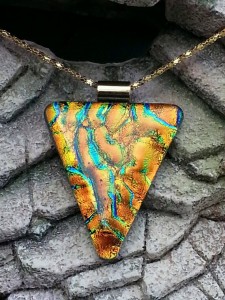 Dichroic Glass Pendant - Pizza Slice in Blues and Gold- Fused Glass Jewelry1
