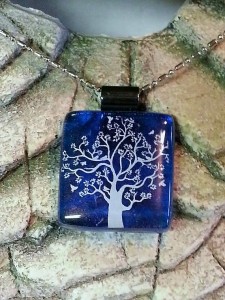 Fused Glass Pendant - Clear Blue with White Tree of Life - Fused Glass Jewelry