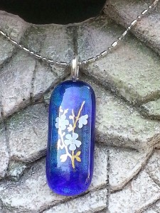 Fused Glass Pendant - Cobalt Blue with White Flowers and 22kt Stems - Fused Glass Jewelry1
