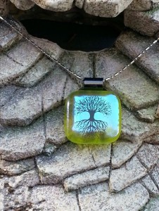 Fused Glass Pendant -Iridescent Yellow with Tree - Fused Glass Jewelry1