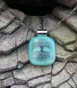 Fused Glass Pendant -Pearl Ocean Blue with Tree Embellishment - Fused Glass Jewelry1