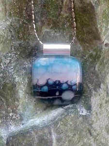 Fused Glass Pendant -Stormy Seas Blues Pinks Whites and Black- Fused Glass Jewelry3