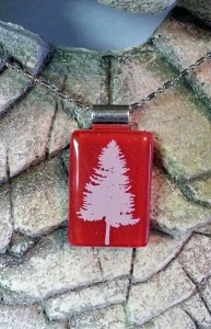 ON SALE Fused Glass Pendant - Red Glass with a White Pine Tree - Fused Glass Jewelry