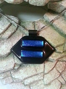 Fused Glass Pendant - Abstract Black with BlueDichroic Strips - Dichroic Glass Jewelry #3582