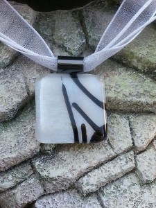 Fused Glass Pendant - Pearl White with a Black Design - Fused Glass Jewelry #269