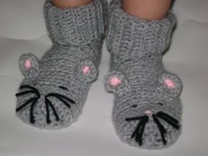 Grey crochet little mouse slippers.