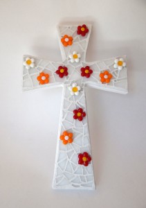 Mosaic Wall Cross, White, 3D Bright Glass Flowers, Handmade Stained Glass Mosaic Design 12 x 8