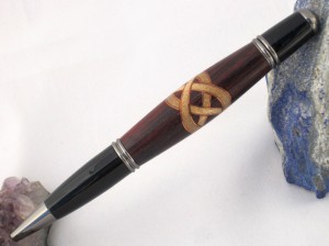 Handcrafted Celtic knot wood pen with hickory and copper inlay